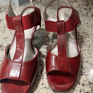 Life Stride Red Patent Open-Toe T-Strap Heels